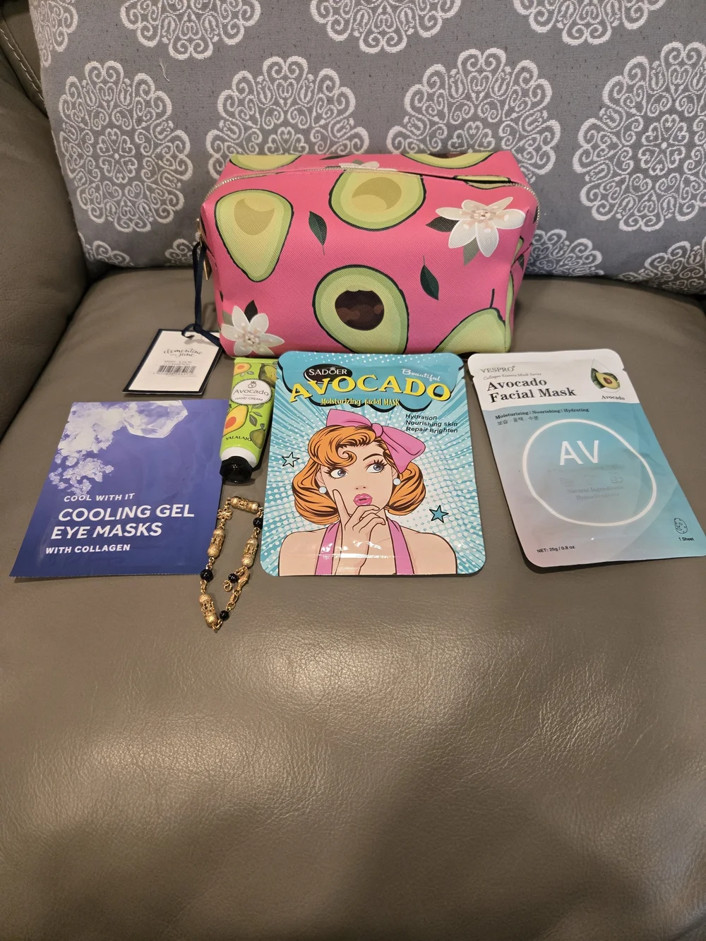 Cosmetic Makeup Bag Avocado Print Pink with Skincare Set